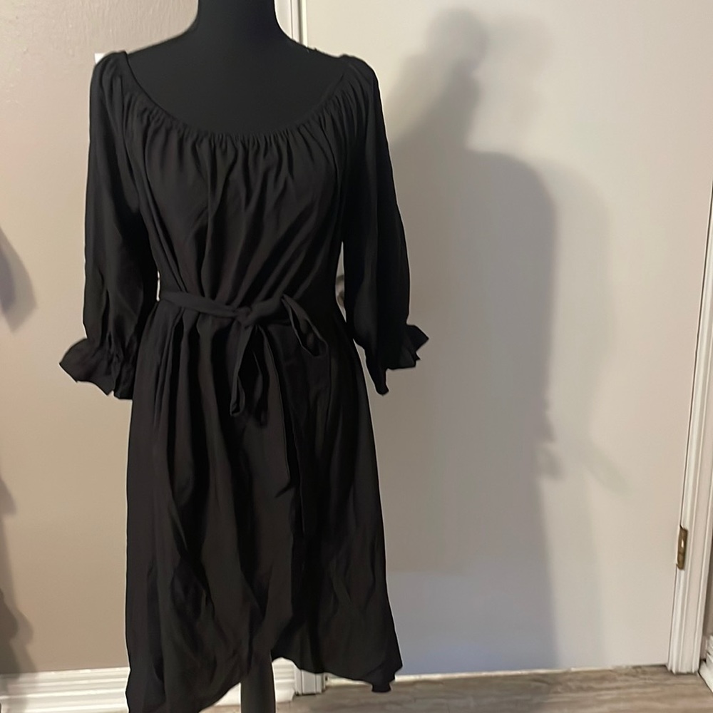 Off shoulder flounce sleeve tulip Hemmed belted dress